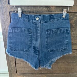 Vintage Seafarer Dungaree High-Rise Dark Blue Denim Jean Shorts with Frayed Hem